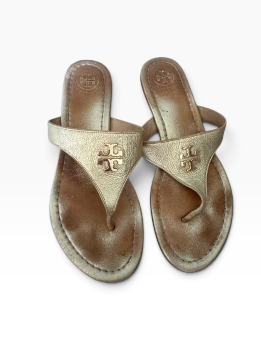 Tory Burch Metallic Gold Leather Thong Sandals with Logo